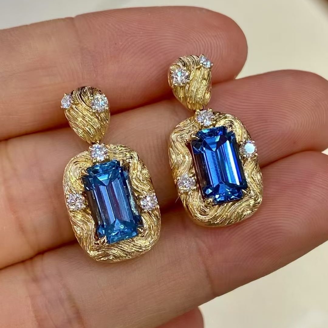 14k Gold 4.38 Ctw Natural Aquamarine & Diamond Earrings - 3
