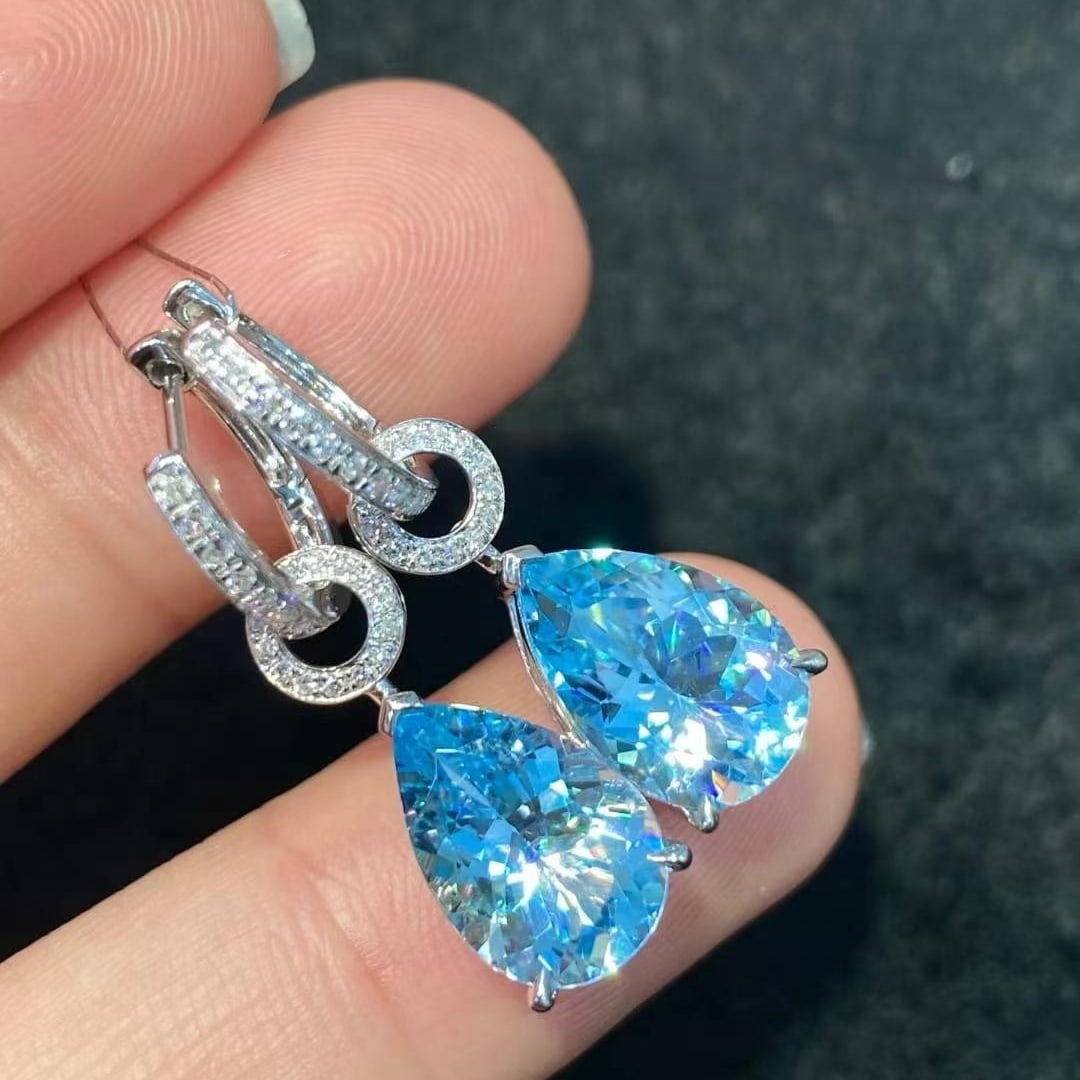 14k Gold 5.32 Ctw Natural Aquamarine & Diamond Earrings - 2