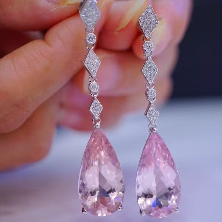 14k Gold 17.98 Ctw Natural Morganite & Diamond Earrings - 2