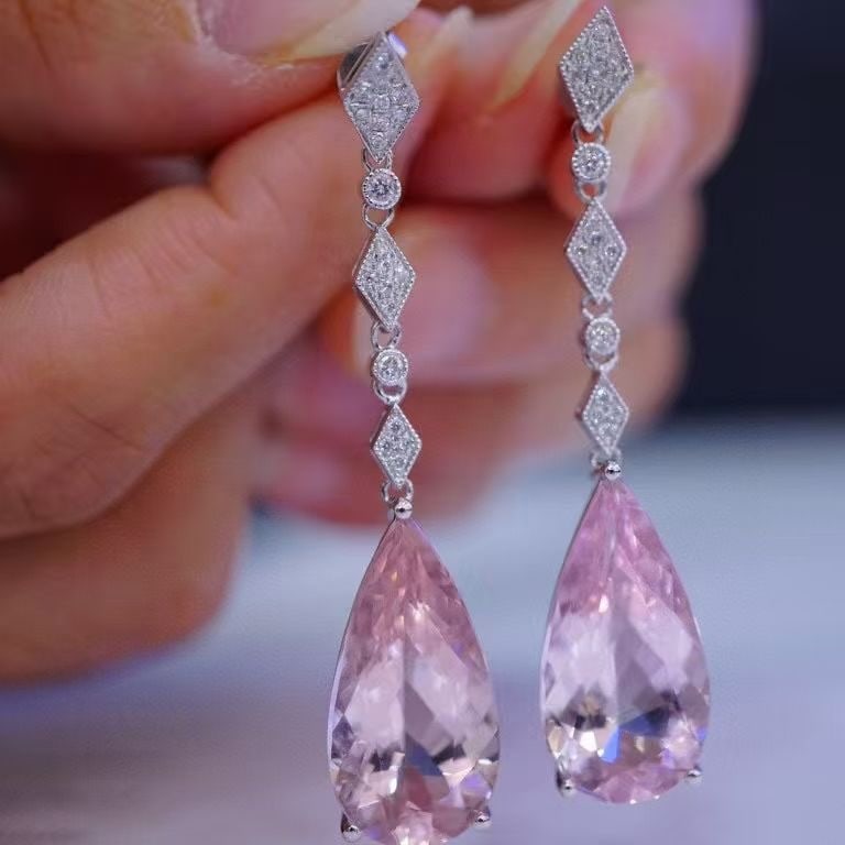 14k Gold 17.98 Ctw Natural Morganite & Diamond Earrings - 4