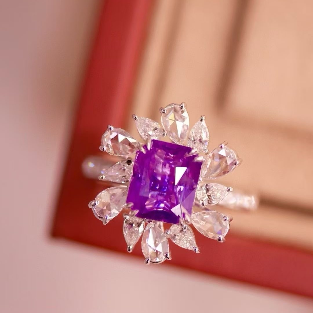 14k Gold 3.4 Ctw Natural Sapphire & Diamond Ring: Ref:230997159 // gold content:14k gold // ring size:7. 25us // // main gemstone:sapphire // shape:octagonal // carat weight:2. 6ct // color:purple // treatment:natural // // adjacent gemstone 2 :