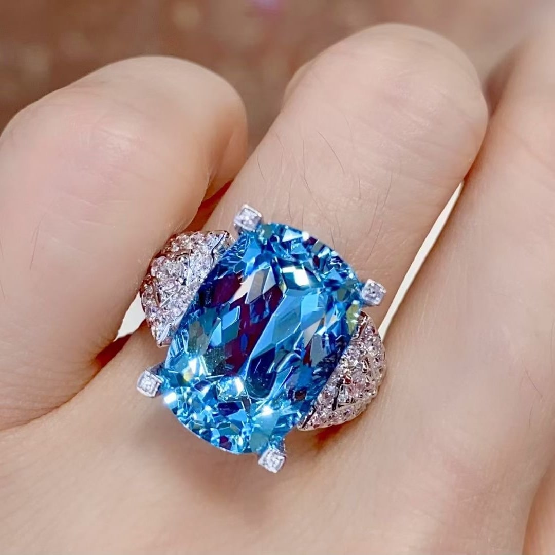 14k Gold 9.37 Ctw Natural Aquamarine & Diamond Ring - 5