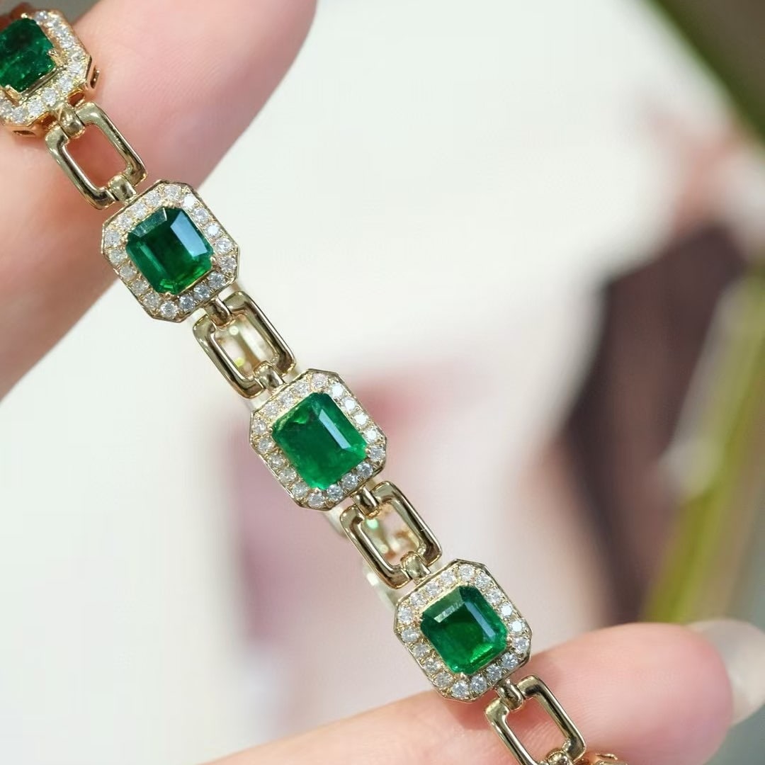 14k Gold 4.36 Ctw Vivid Green Natural Emerald & Diamond Bracelet - 3