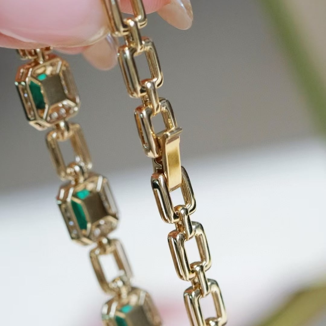 14k Gold 4.36 Ctw Vivid Green Natural Emerald & Diamond Bracelet - 5