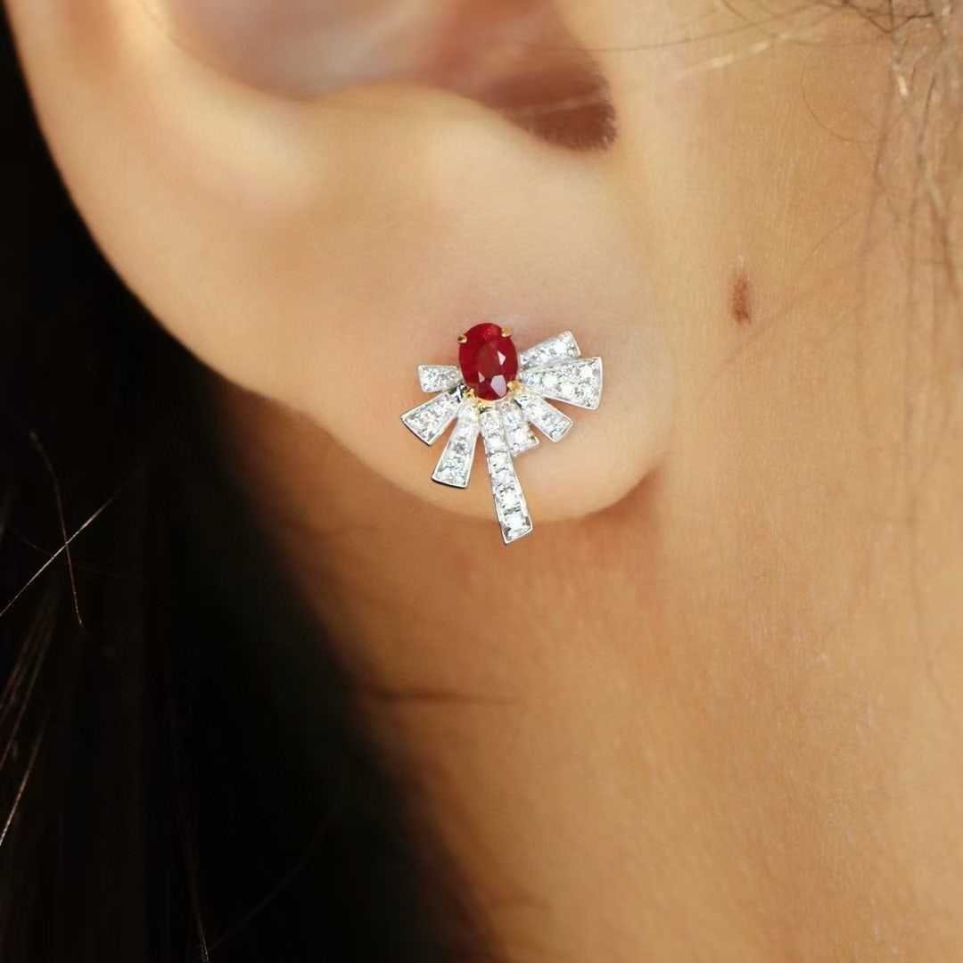 14k Gold 0.44 Ctw Vivid Red Natural Ruby & Diamond Earrings - 2