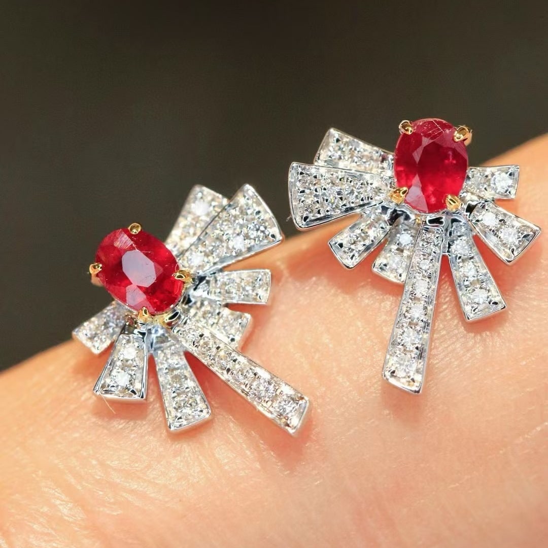 14k Gold 0.44 Ctw Vivid Red Natural Ruby & Diamond Earrings - 4