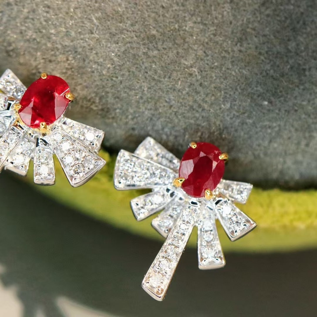 14k Gold 0.44 Ctw Vivid Red Natural Ruby & Diamond Earrings - 5
