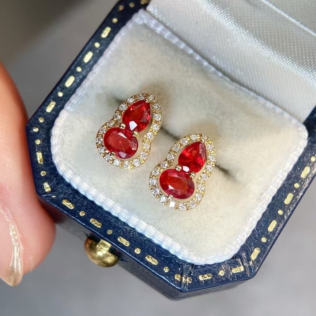 14k Gold 0.75 Ct Natural Ruby & Diamond Earrings - 2