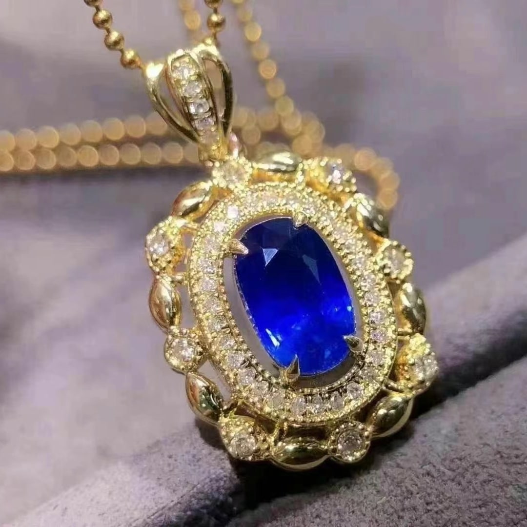 14k Gold 1.54 Ctw Vivid Blue Natural Sapphire & Diamond Pendant( Without Chain ) - 2