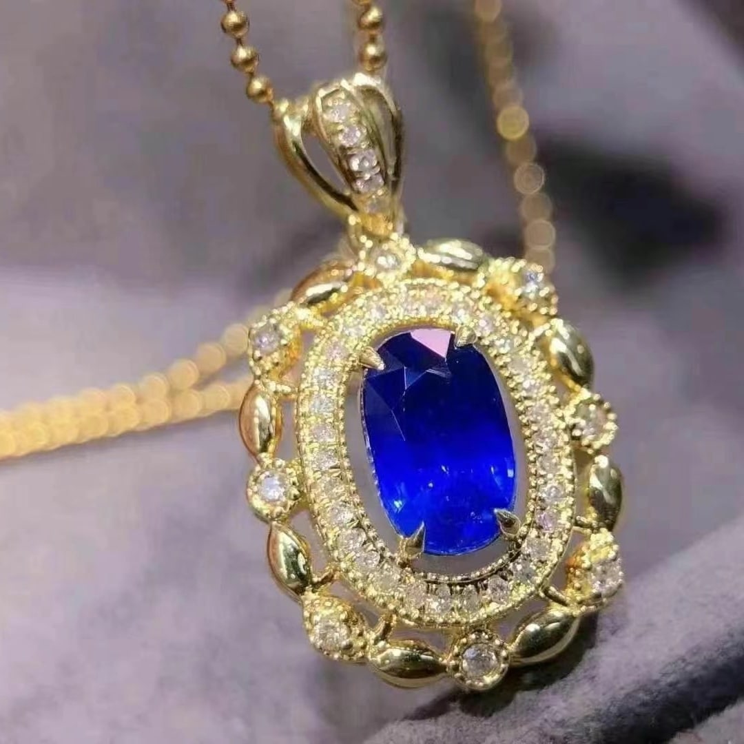 14k Gold 1.54 Ctw Vivid Blue Natural Sapphire & Diamond Pendant( Without Chain ) - 3