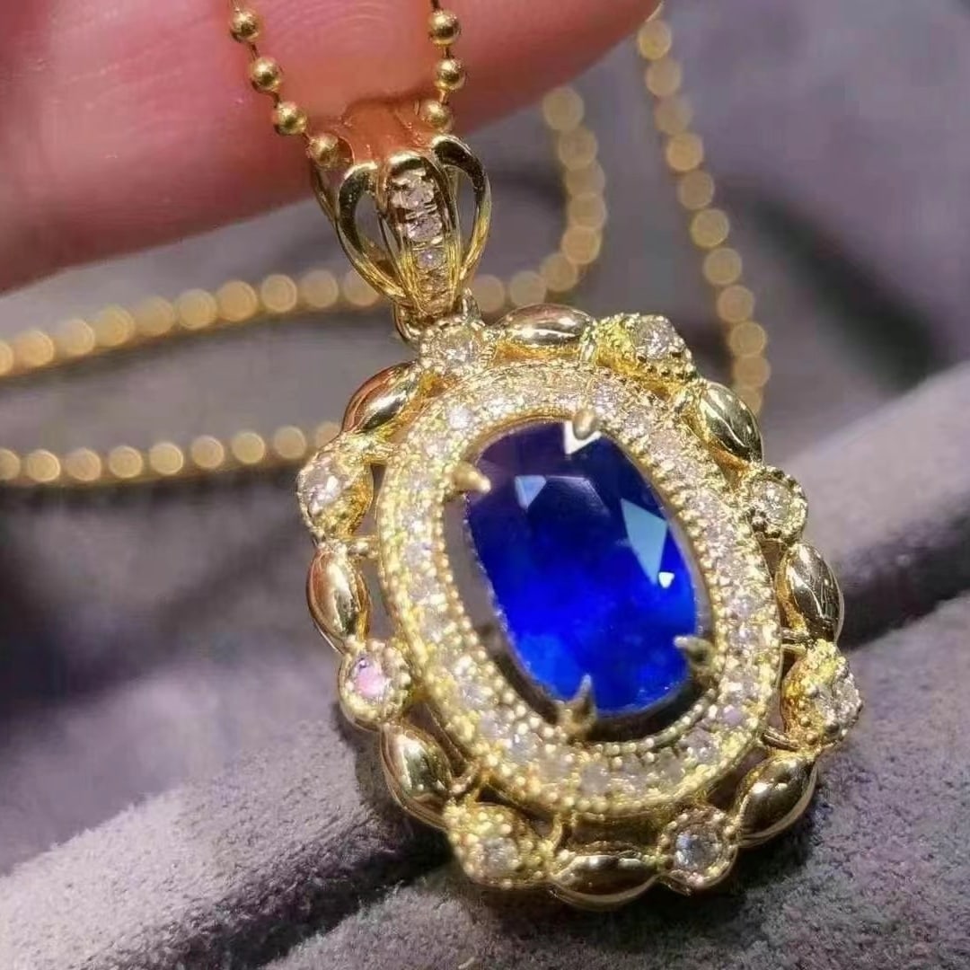 14k Gold 1.54 Ctw Vivid Blue Natural Sapphire & Diamond Pendant( Without Chain ) - 4