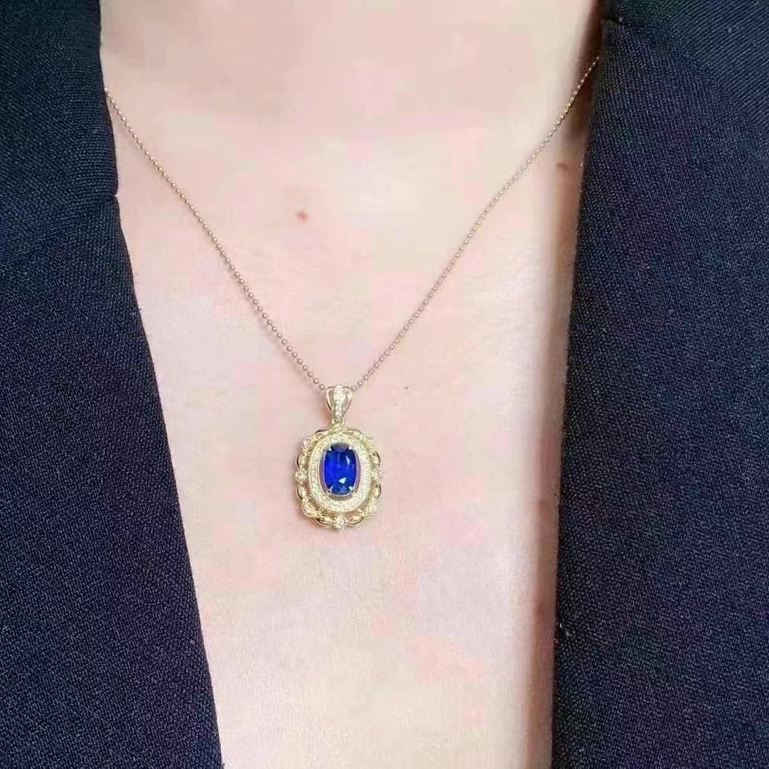 14k Gold 1.54 Ctw Vivid Blue Natural Sapphire & Diamond Pendant( Without Chain ) - 5