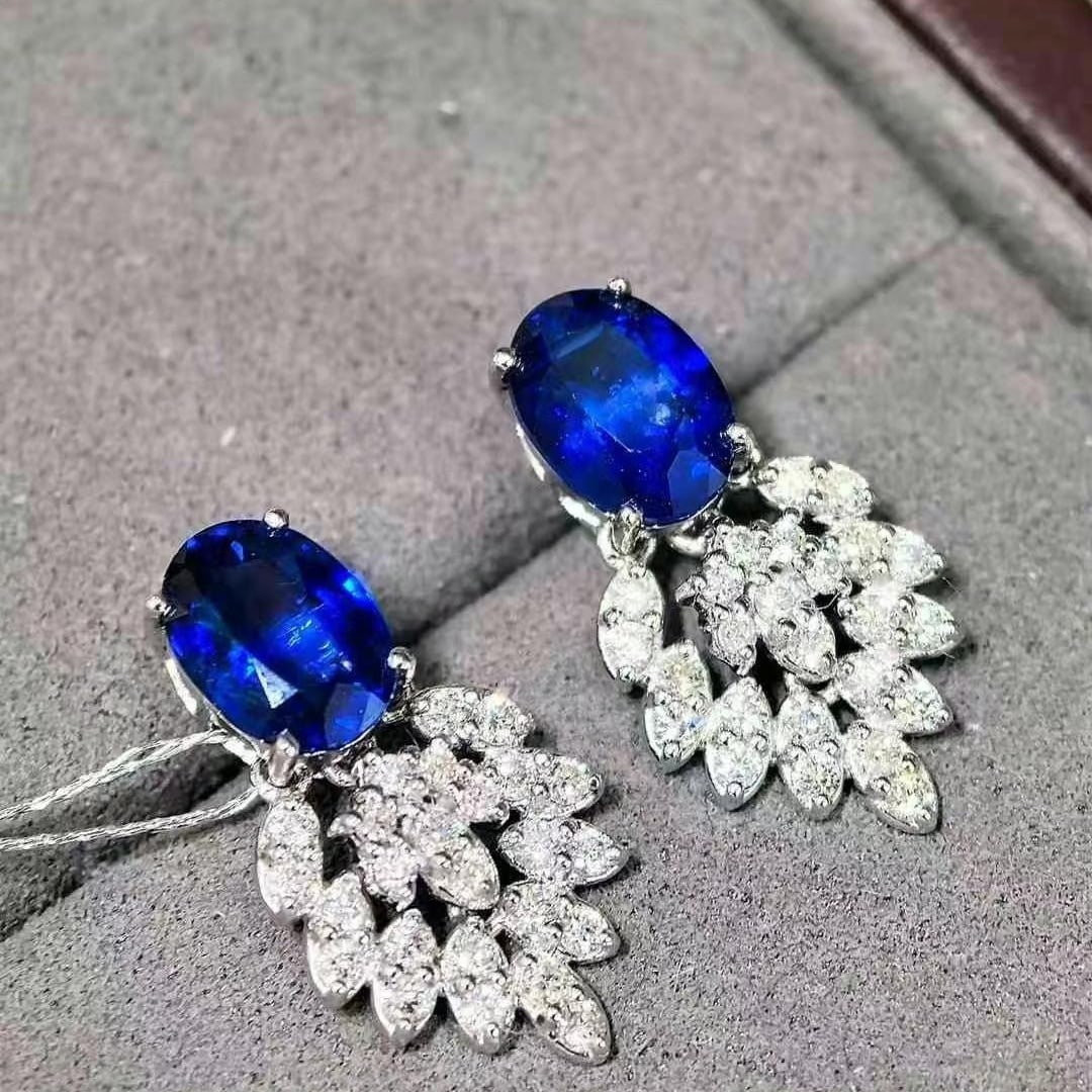 14k Gold 3.88 Ctw Natural Sapphire & Diamond Earrings - 3