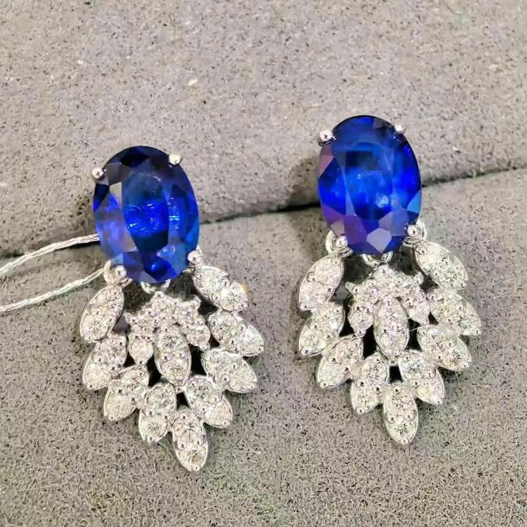 14k Gold 3.88 Ctw Natural Sapphire & Diamond Earrings - 4