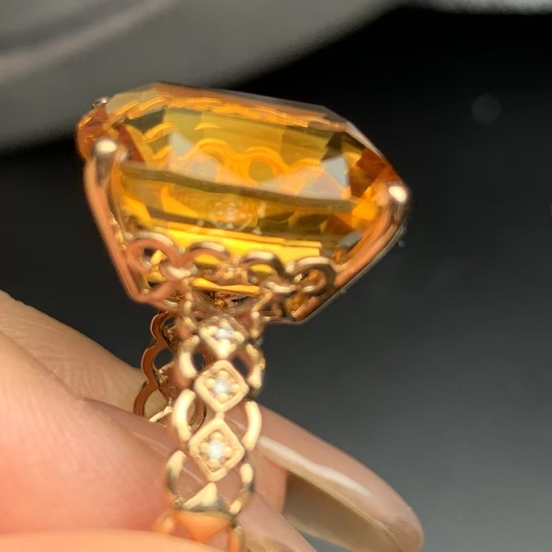 14k Gold 12.30 Ct Natural Citrine & Diamond Ring - 2