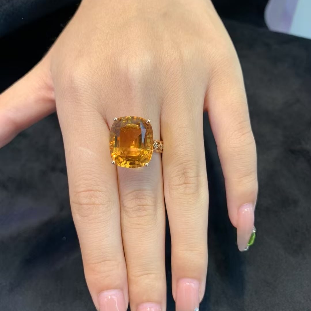 14k Gold 12.30 Ct Natural Citrine & Diamond Ring - 4