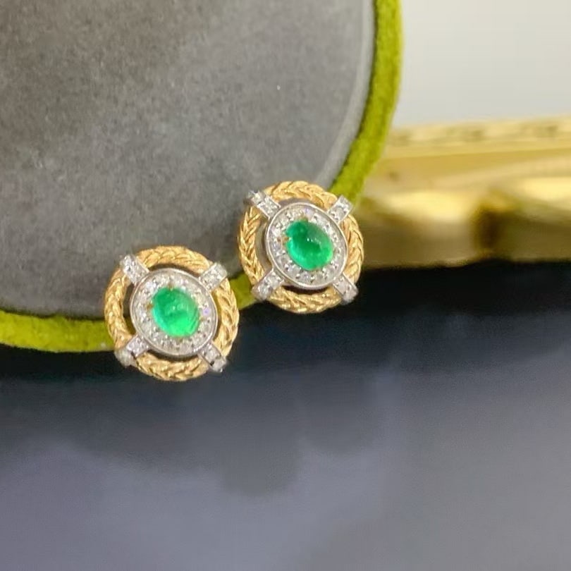 14k Gold 0.46 Ctw Natural Emerald & Diamond Earrings - 5
