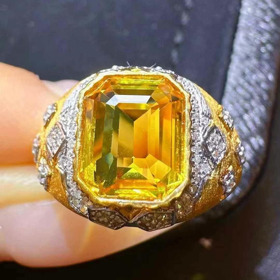 14k Gold 3.86 Ctw Natural Sapphire & Diamond Ring: Ref:230997182 // gold content:14k gold // ring size:7. 25us // // main gemstone:sapphire // shape:octagonal // carat weight:3. 64ct // color:yellow // treatment:natural // // adjacent gemstone 2 :