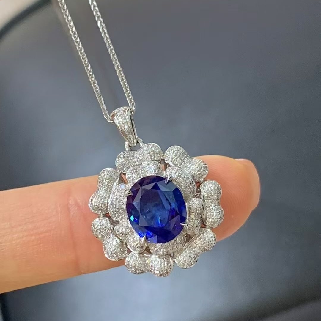 14k Gold 3.74 Ctw Natural Sapphire & Diamond Pendant( Without Chain ): Ref:230997199 // gold content:14k gold // main gemstone:sapphire // shape:oval // carat weight:3. 21ct // color:royal blue // treatment:natural // // adjacent gemstone 2 : diamond // shape:round // ca