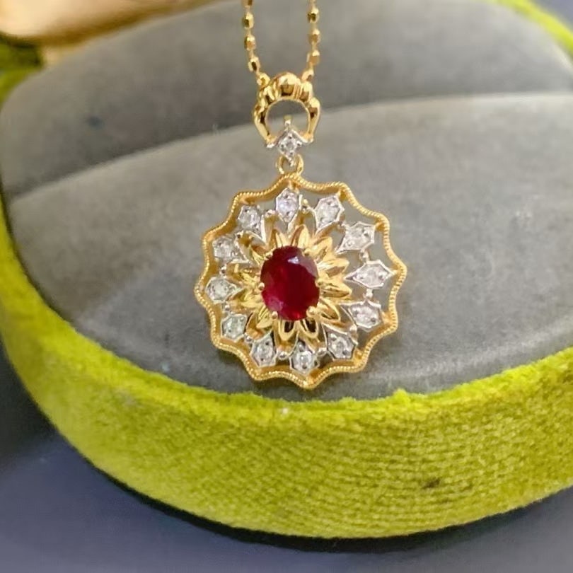 14k Gold 0.38 Ctw Natural Ruby & Diamond Pendant( Without Chain ): Ref:230997190 // gold content:14k gold // main gemstone:ruby // shape:oval // carat weight:0. 3ct // color:pigeonblood red // treatment:natural // // adjacent gemstone 2 : diamond // shape:round //