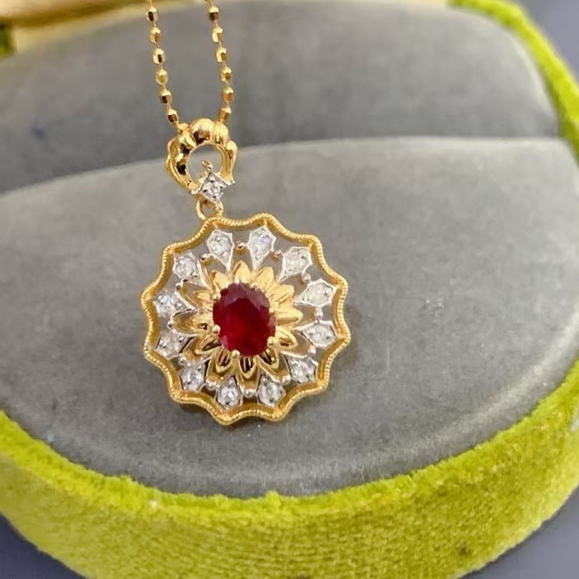 14k Gold 0.38 Ctw Natural Ruby & Diamond Pendant( Without Chain ) - 2