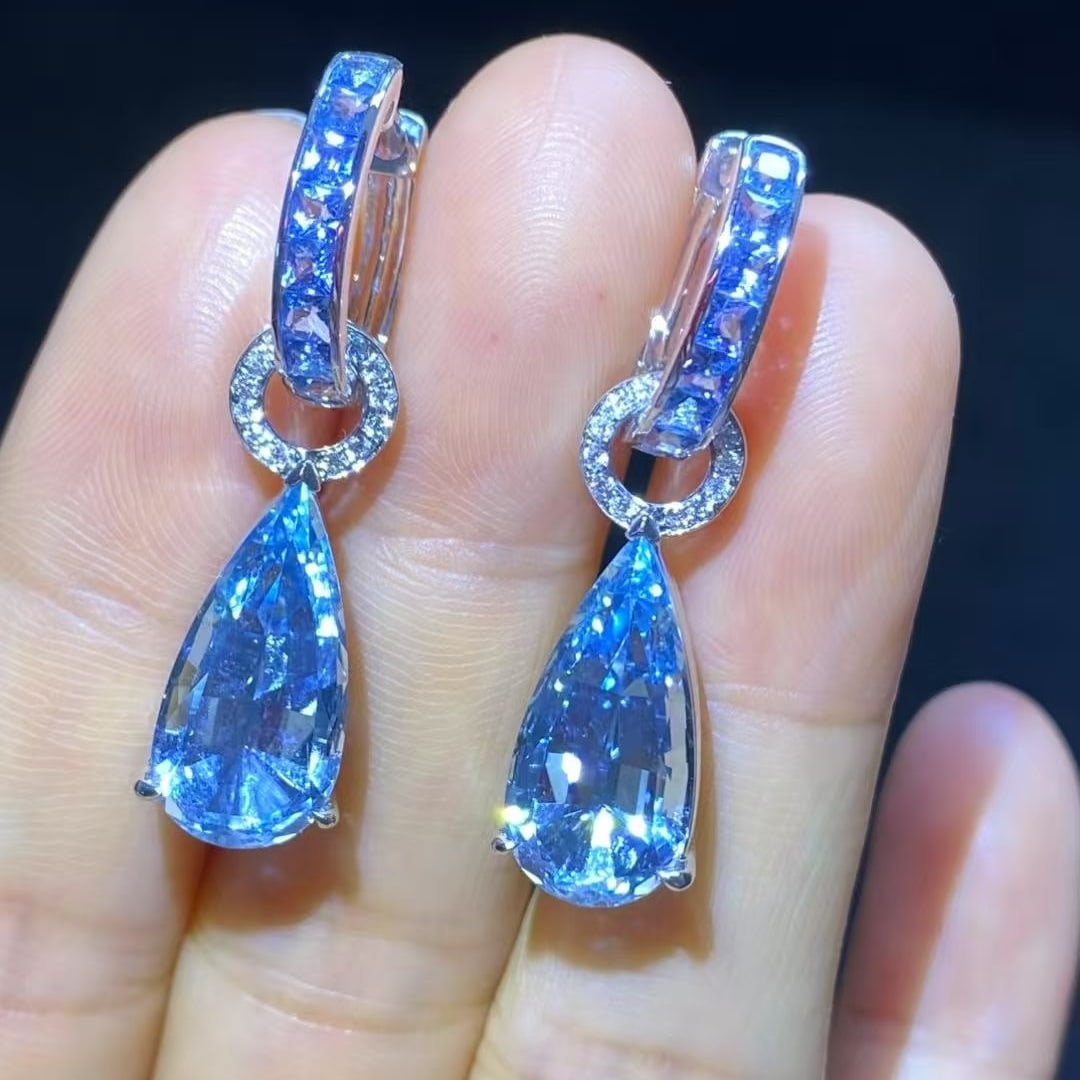 14k Gold 9.53 Ctw Natural Aquamarine & Diamond Earrings/pendant( Without Chain ) - 2