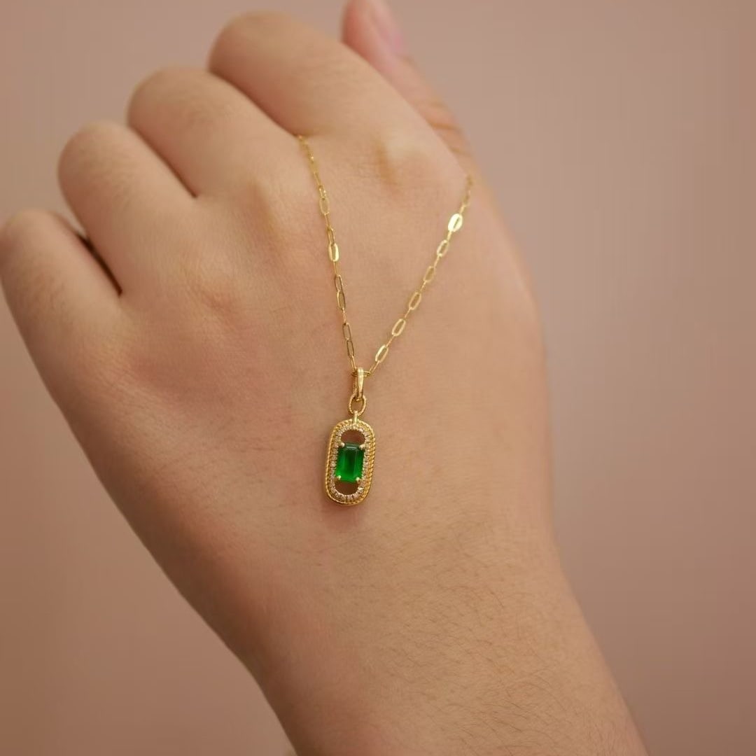 14k Gold 0.68 Ctw Vivid Green Natural Emerald & Diamond Necklace - 2