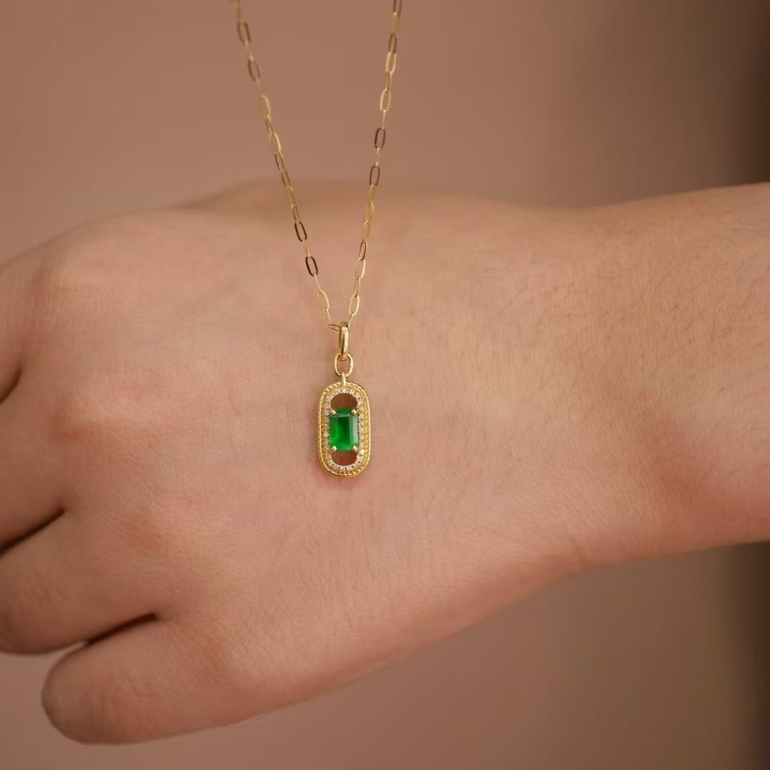 14k Gold 0.68 Ctw Vivid Green Natural Emerald & Diamond Necklace - 3
