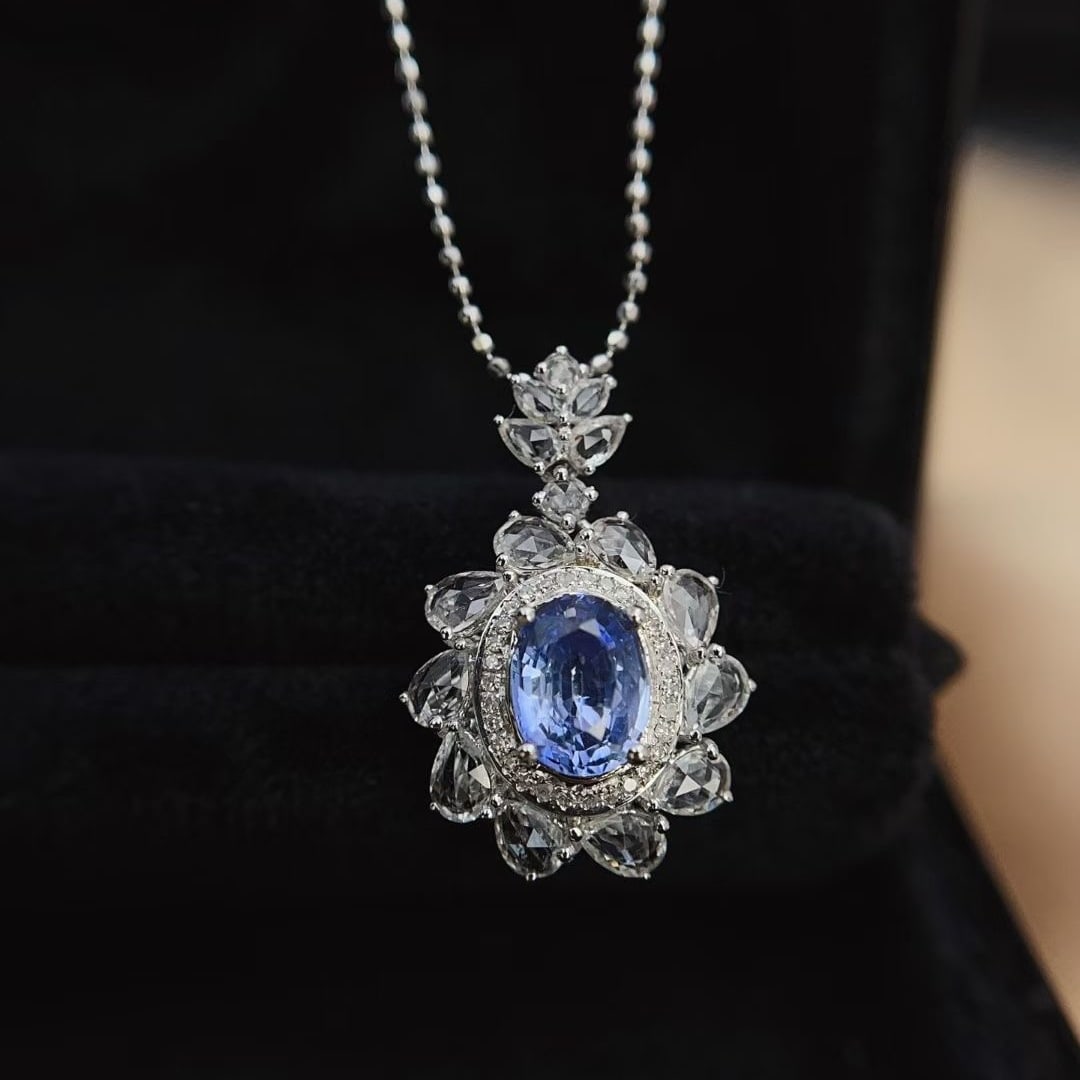 14k Gold 1.25 Ct Natural Sapphire & Diamond & Sapphire Pendant( Without Chain ): Ref:230997217 // gold content:14k gold // main gemstone:sapphire // shape:oval // carat weight:1. 25ct // color:blue // treatment:natural // // adjacent gemstone 2 : diamond // number of stones:30 //
