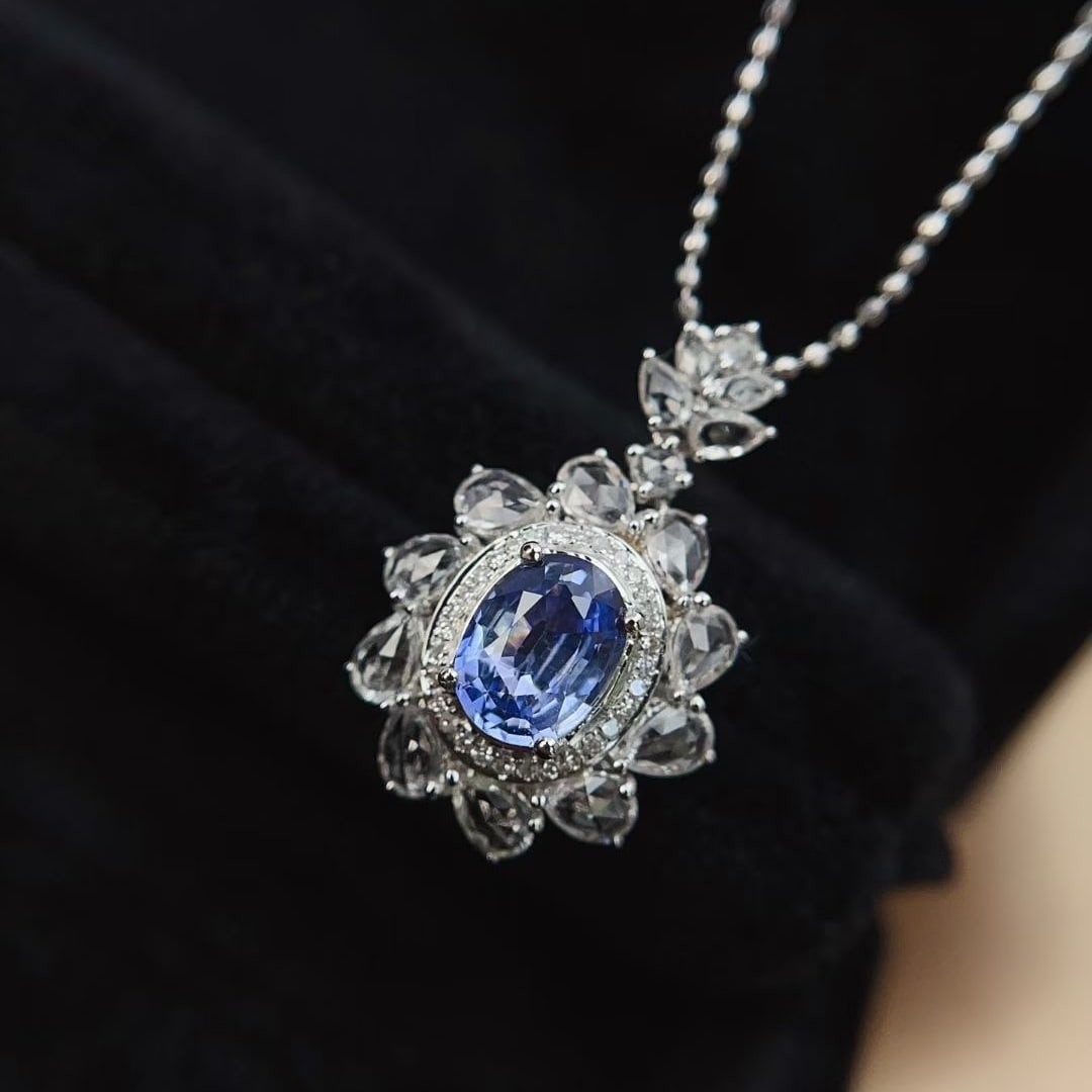 14k Gold 1.25 Ct Natural Sapphire & Diamond & Sapphire Pendant( Without Chain ) - 2