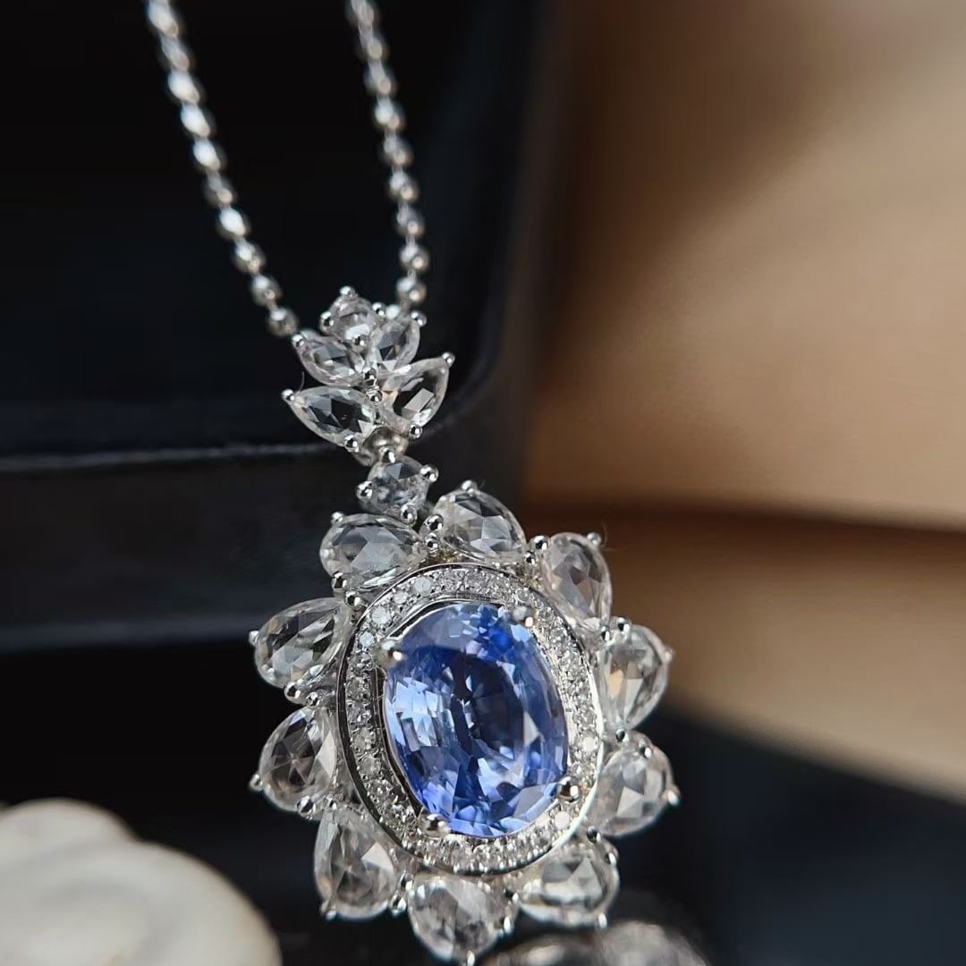14k Gold 1.25 Ct Natural Sapphire & Diamond & Sapphire Pendant( Without Chain ) - 3