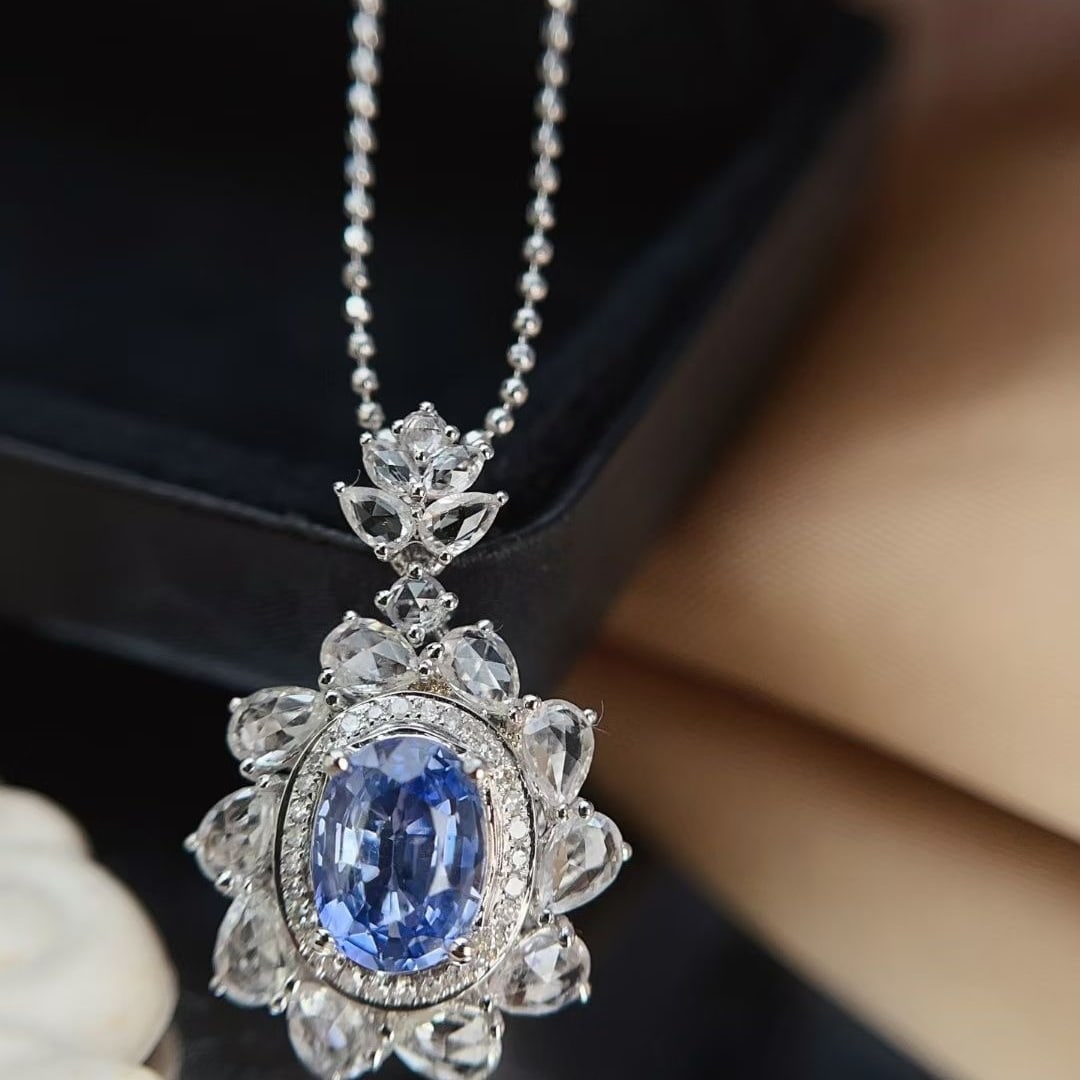 14k Gold 1.25 Ct Natural Sapphire & Diamond & Sapphire Pendant( Without Chain ) - 4