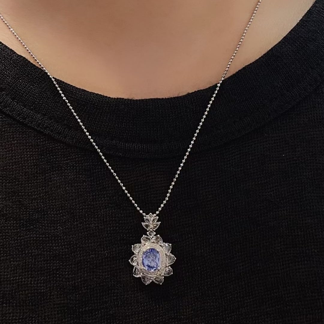 14k Gold 1.25 Ct Natural Sapphire & Diamond & Sapphire Pendant( Without Chain ) - 5
