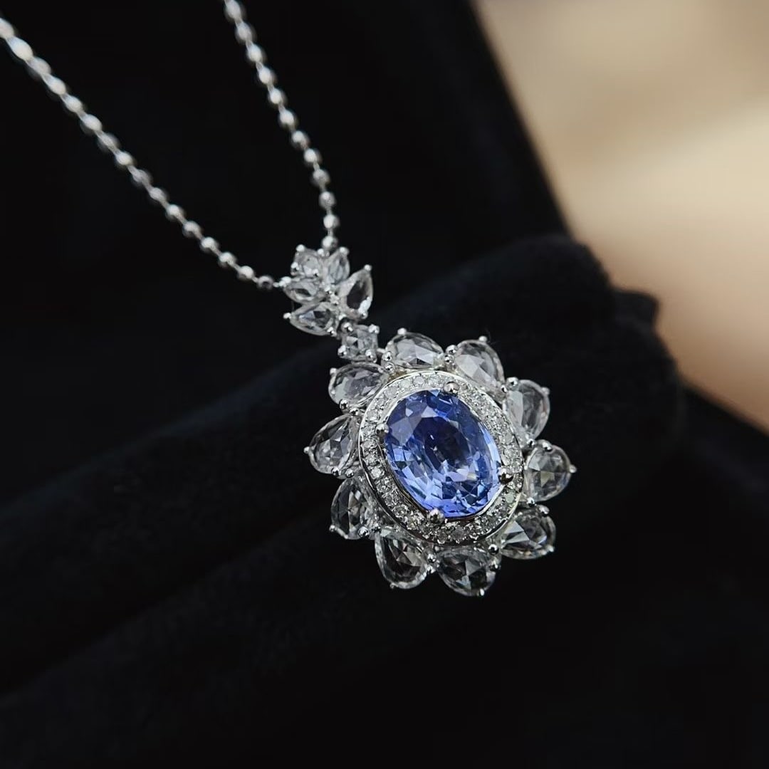 14k Gold 1.25 Ct Natural Sapphire & Diamond & Sapphire Pendant( Without Chain ) - 6