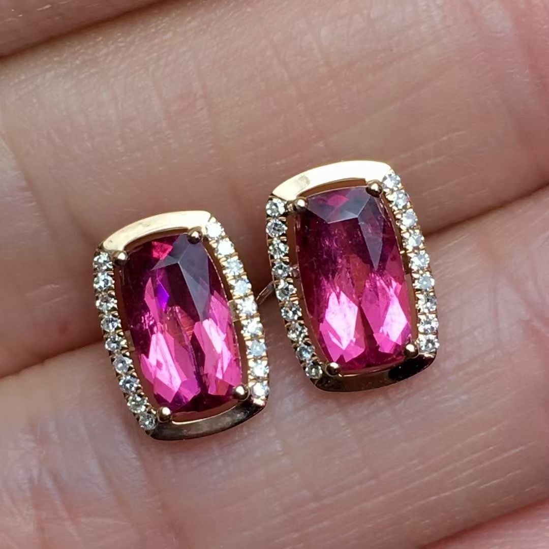 14k Gold 1.6 Ct Natural Tourmaline & Diamond Earrings - 2