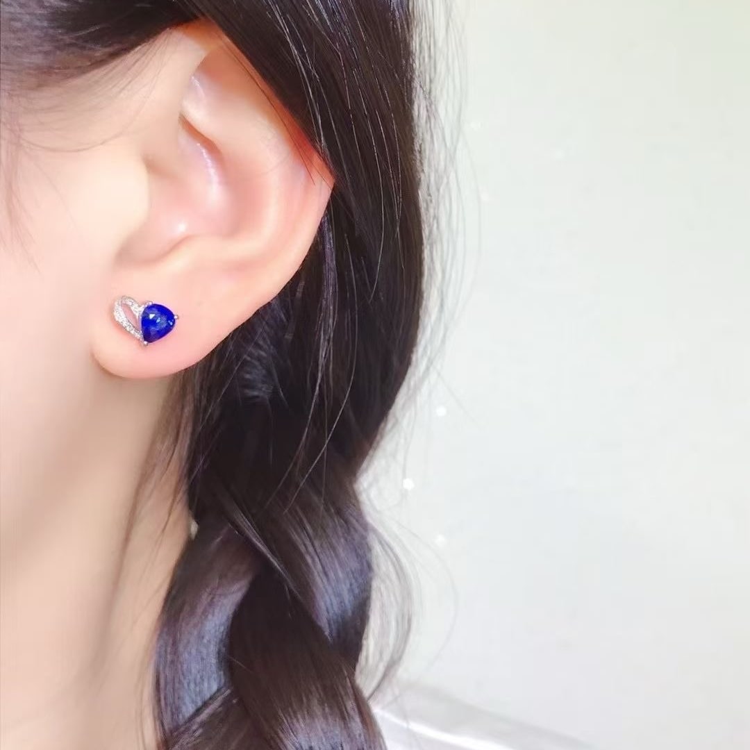 14k Gold 1.6 Ct Vivid Blue Natural Sapphire & Diamond Earrings - 2