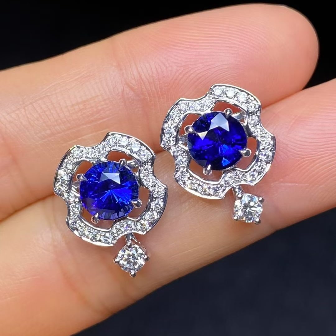 14k Gold 3.8 Ctw Natural Sapphire & Diamond Earrings - 2