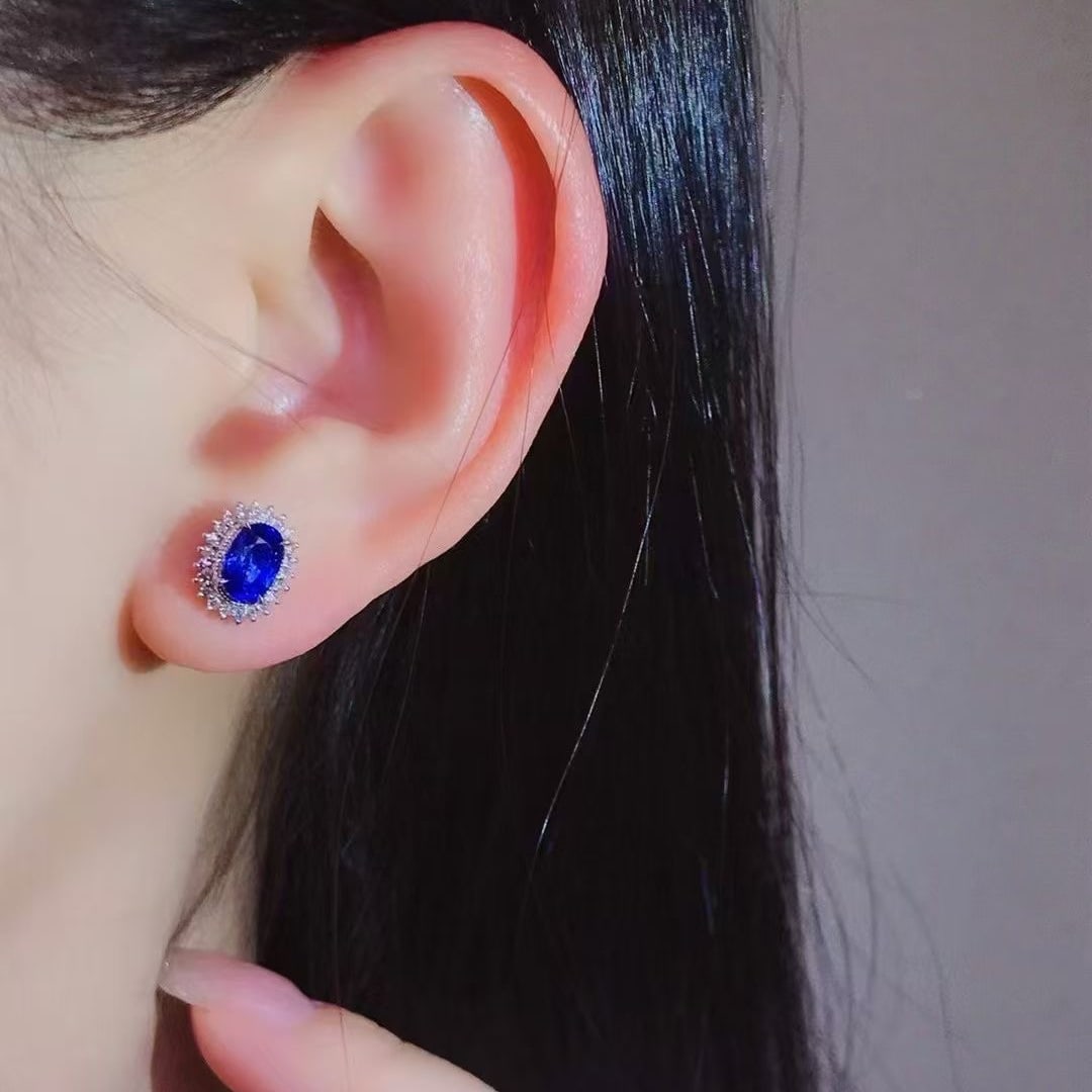 14k Gold 2.32 Ctw Vivid Blue Natural Sapphire & Diamond Earrings - 2