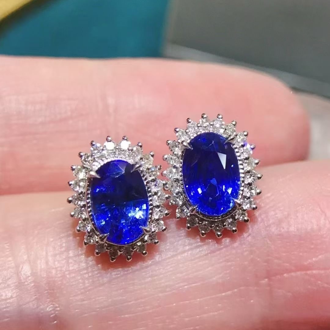 14k Gold 2.32 Ctw Vivid Blue Natural Sapphire & Diamond Earrings - 4