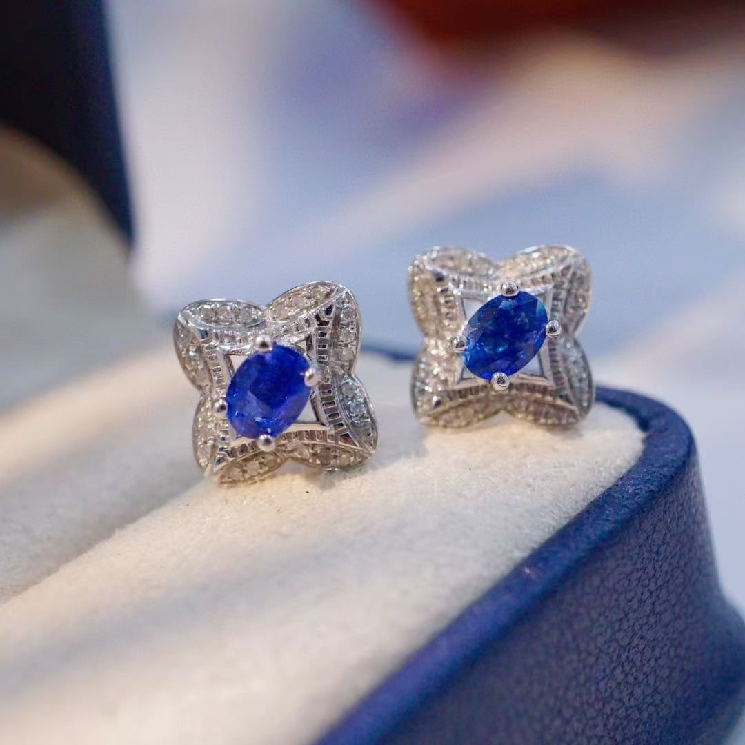 14k Gold 1.14 Ctw Natural Sapphire & Diamond Earrings - 3