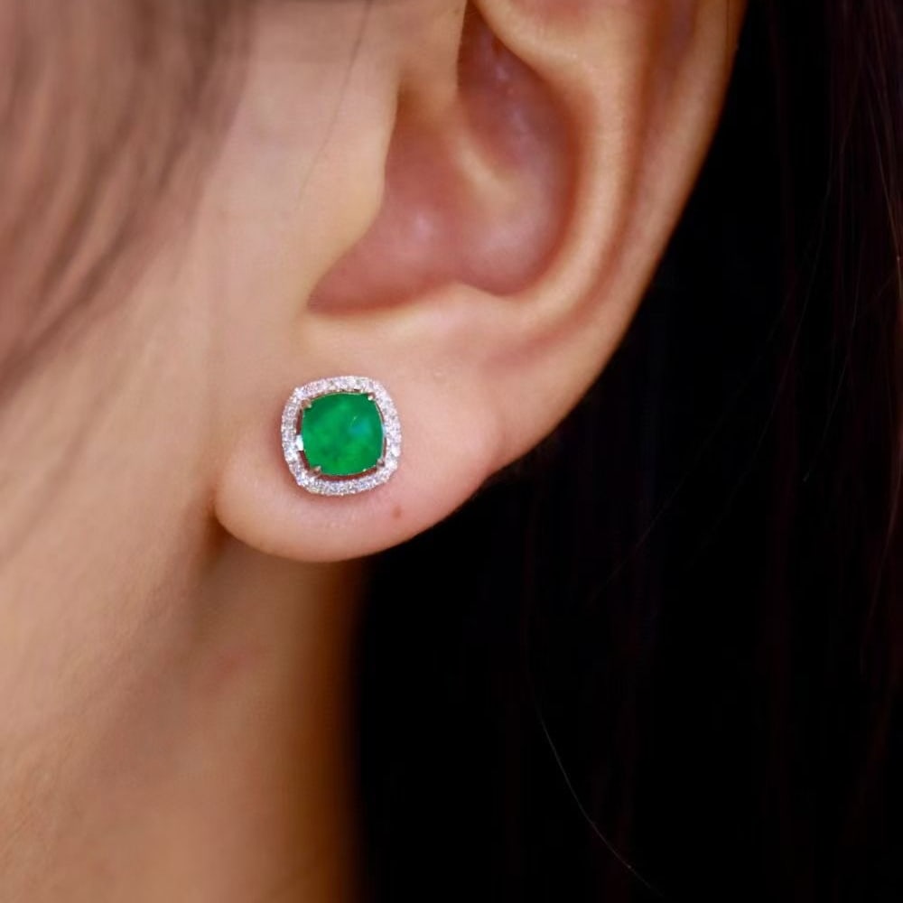 14k Gold 1.25 Ctw Vivid Green Natural Emerald & Diamond Earrings - 2