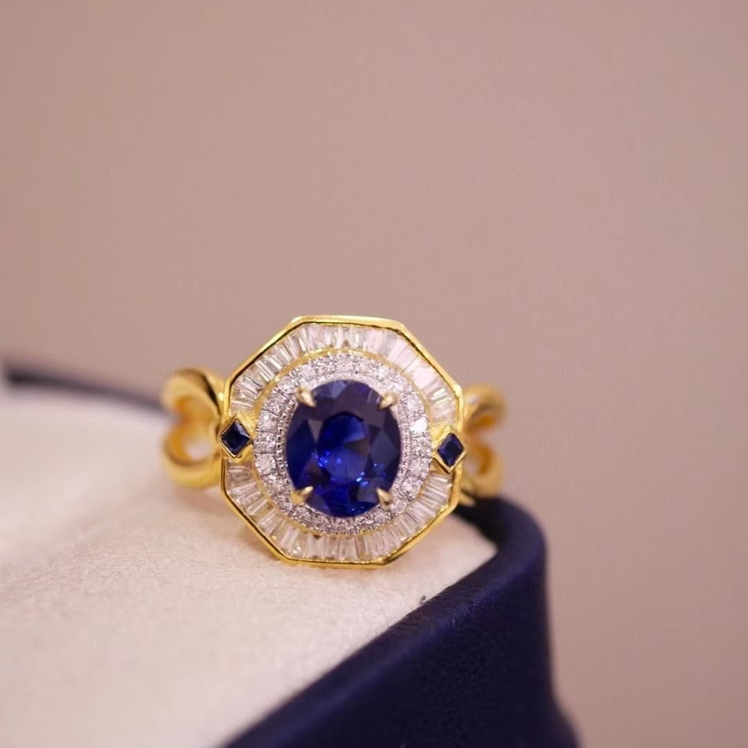 14k Gold 1.6 Ctw Natural Sapphire & Diamond Ring: Ref:230997226 // gold content:14k gold // ring size:7. 25us // // main gemstone:sapphire // shape:oval // carat weight:1. 3ct // color:royal blue // treatment:natural // // adjacent gemstone 2 : diamo