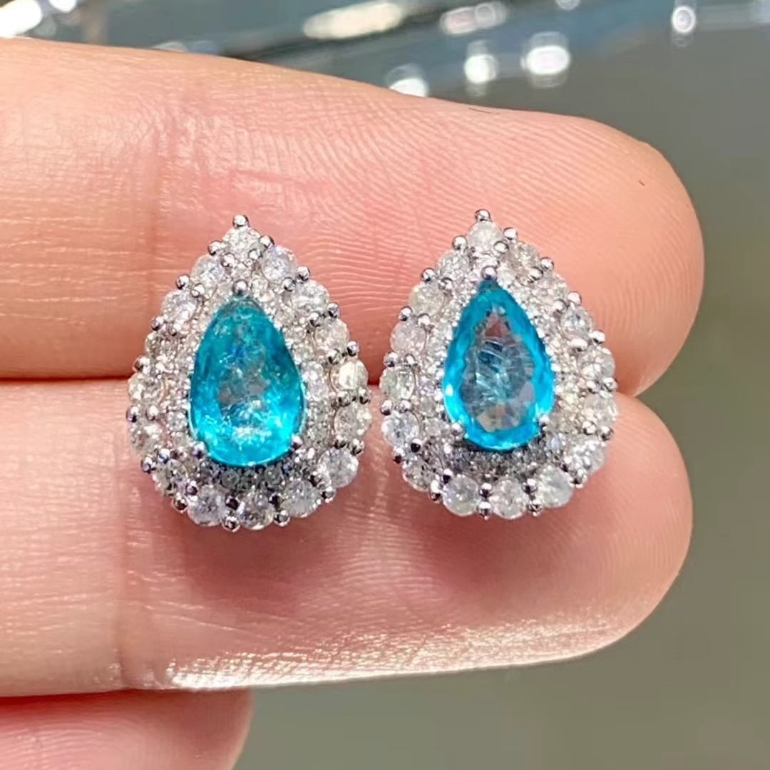 14k Gold 1.25 Ct Natural Paraiba Tourmaline & Diamond Earrings: Ref:230997244 // gold content:14k gold // main gemstone:paraiba tourmaline // shape:pear // carat weight:1. 25ct // color:blue // treatment:natural // // adjacent gemstone 2 : diamond // shape:round