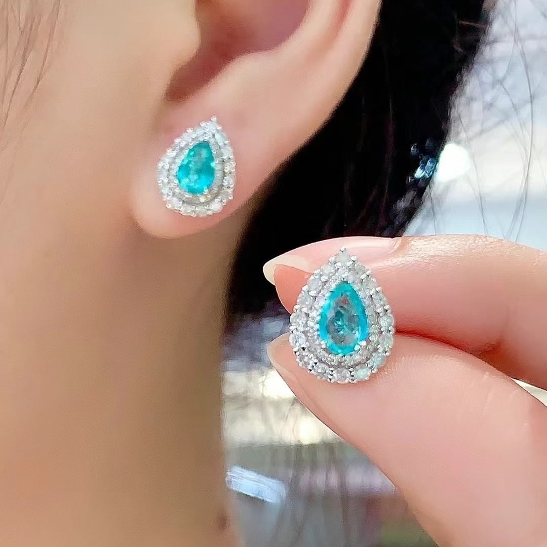 14k Gold 1.25 Ct Natural Paraiba Tourmaline & Diamond Earrings - 2