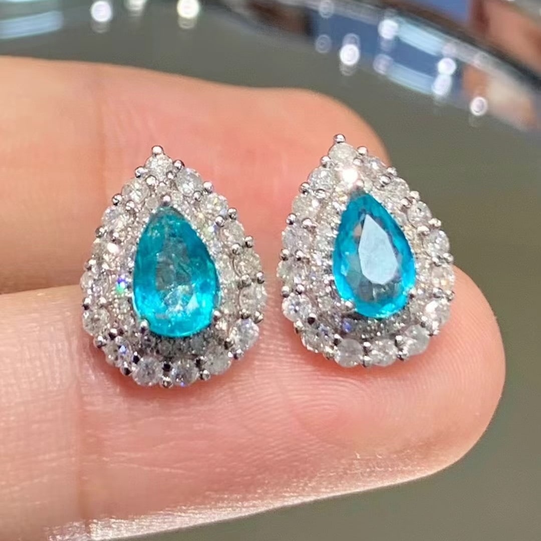 14k Gold 1.25 Ct Natural Paraiba Tourmaline & Diamond Earrings - 3