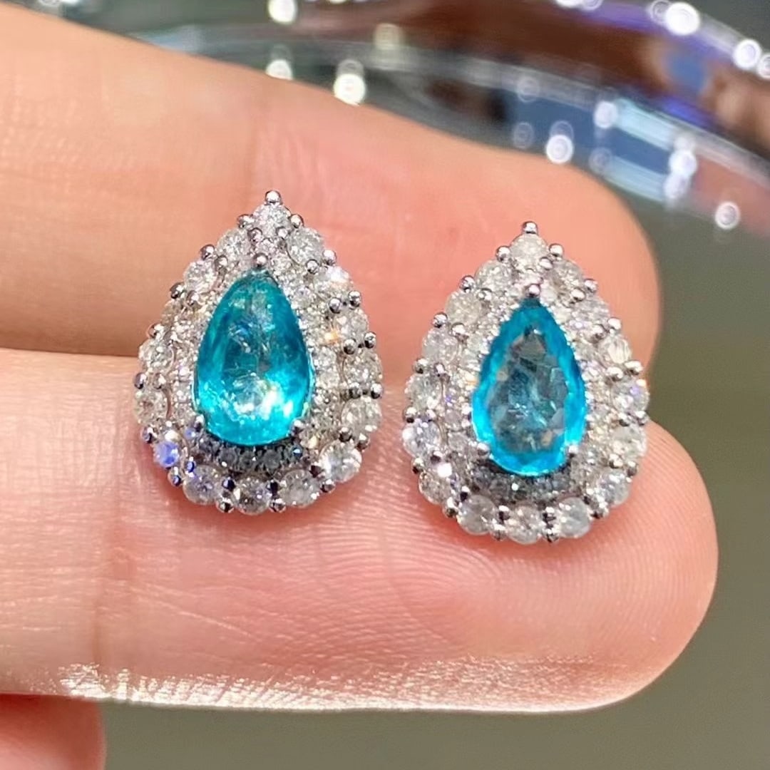 14k Gold 1.25 Ct Natural Paraiba Tourmaline & Diamond Earrings - 4