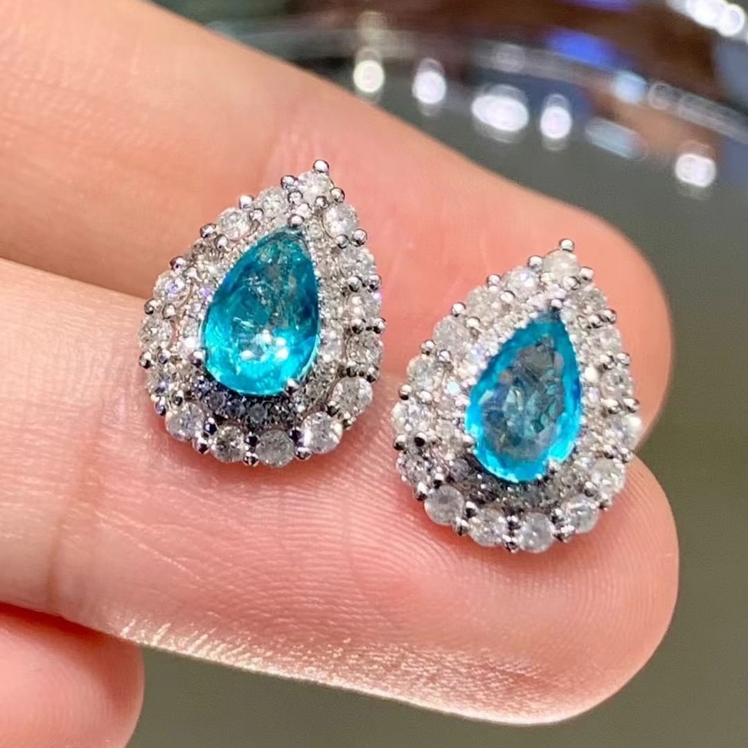 14k Gold 1.25 Ct Natural Paraiba Tourmaline & Diamond Earrings - 5
