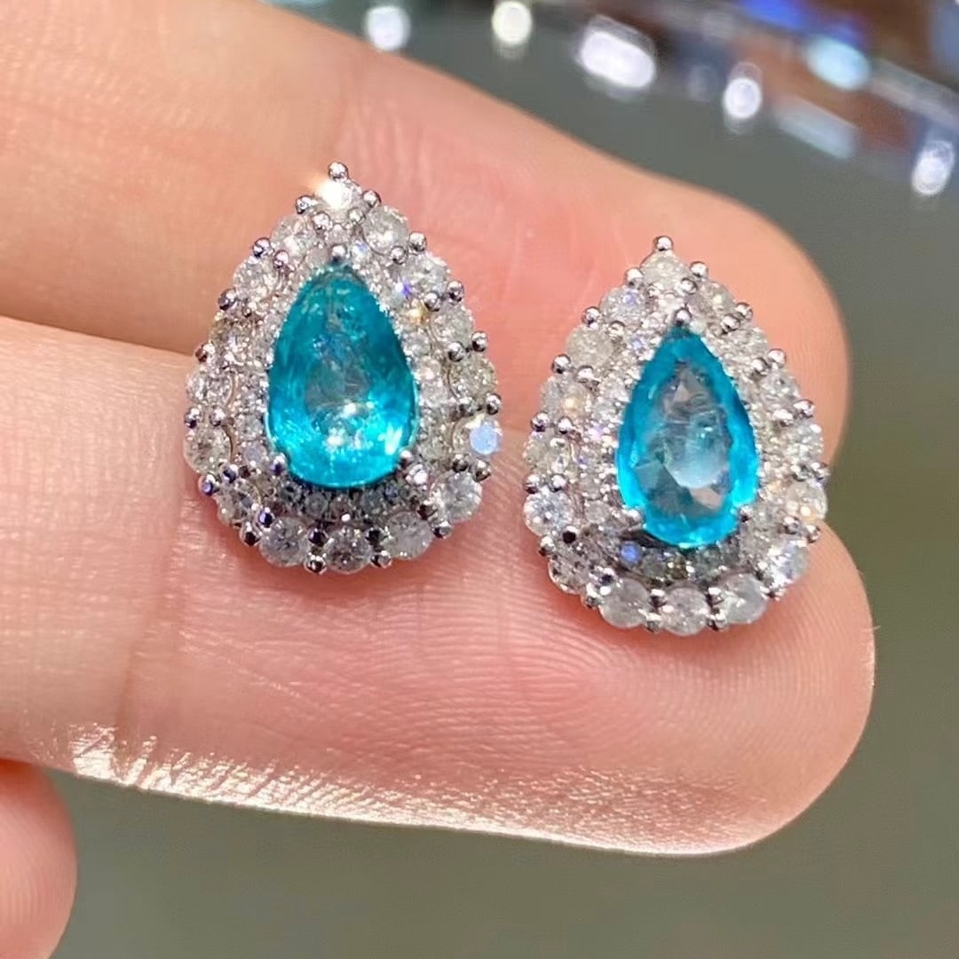14k Gold 1.25 Ct Natural Paraiba Tourmaline & Diamond Earrings - 6