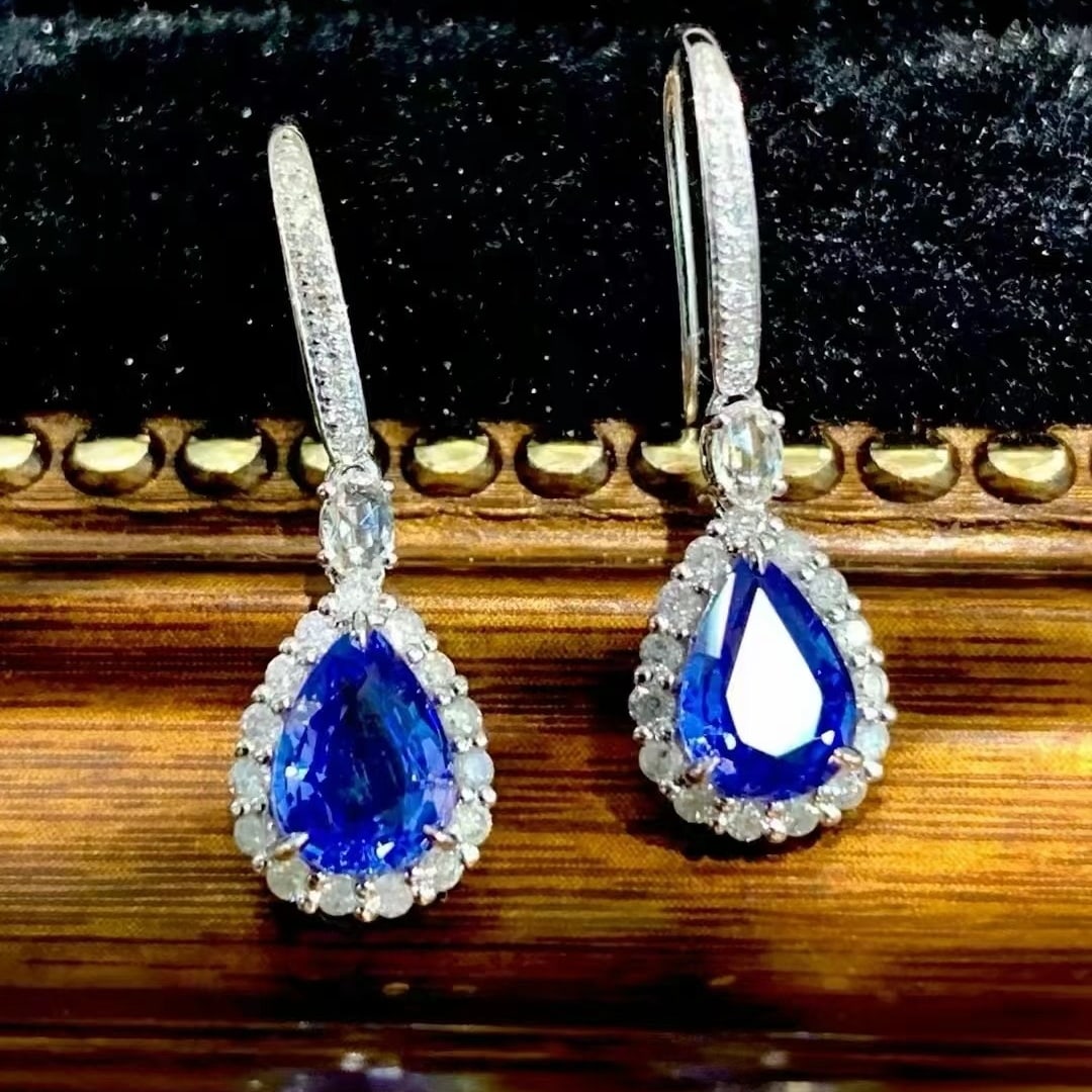 14k Gold 1.85 Ct Natural Sapphire & Diamond & Sapphire Earrings - 3