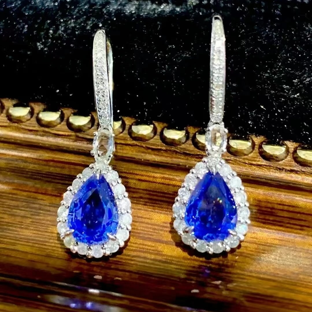 14k Gold 1.85 Ct Natural Sapphire & Diamond & Sapphire Earrings - 4
